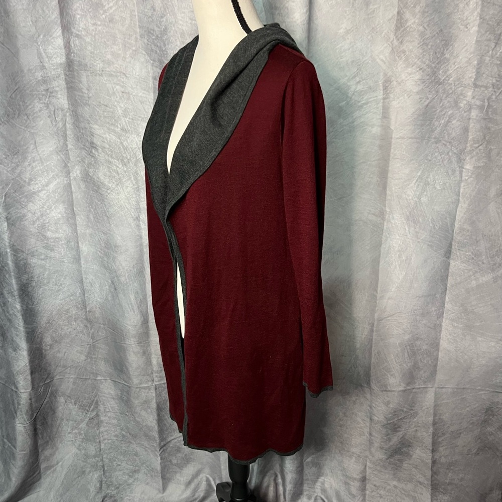 BNCI by Blanc Noir Burgundy and Gray Hooded Open Front Cardigan with Pockets - M - Picture 3 of 10